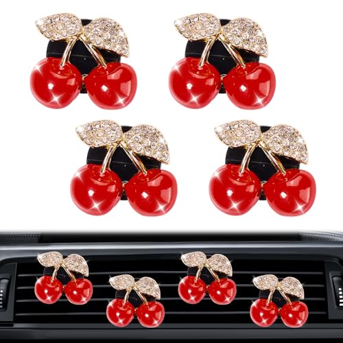 Rislobx 4PCS Cherry Air Vent Clip, Bling Air Outlet Freshener Clip, Crystal Diamond Cherry Car Accessories, Girly Car Decor for Women