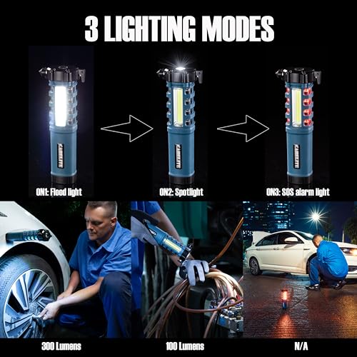 Emergency Car Flashlight with Seatbelt Cutter and Window Breaker, LED Work Light & Flash Beacon, Life-Saving Car Escape Tool for Roadside Safety (Blue) - color: Blue