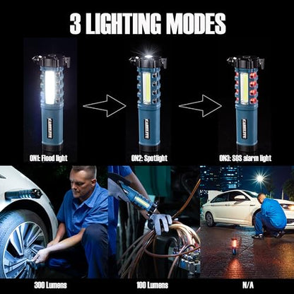 Emergency Car Flashlight with Seatbelt Cutter and Window Breaker, LED Work Light & Flash Beacon, Life-Saving Car Escape Tool for Roadside Safety (Blue) - color: Blue