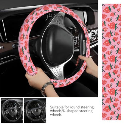 Steering Wheel Covers for Car, Truck, and SUV, Cute Non-Slip Breathable Elastic Steering Wheel, Car Accessories, Universal 15 Inch Leather Cover for Men Women Pink Strawberry - color: Pink Strawberry