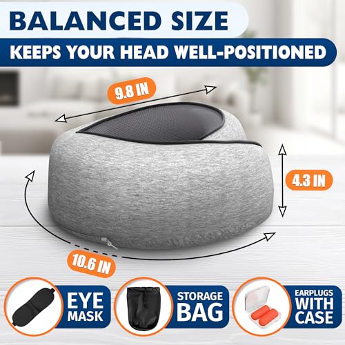 Travel Neck Pillow – 4-in-1 Set | Adjustable Memory Foam Airline Pillows for Sleeping on Long Flights, Earplugs, Eye Mask, & Cover | Cotton Cover, Hook-and-Loop Closure – Car and Train Use, G-Shaped