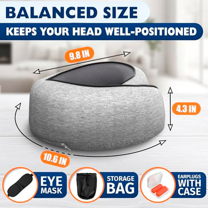 Travel Neck Pillow – 4-in-1 Set | Adjustable Memory Foam Airline Pillows for Sleeping on Long Flights, Earplugs, Eye Mask, & Cover | Cotton Cover, Hook-and-Loop Closure – Car and Train Use, G-Shaped
