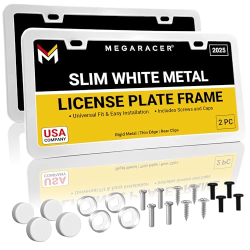 Premium Slim White License Plate Frames – 2 Pack, Rust-Free Stainless Steel, Street Legal & Rattle-Free, Universal Fit with Screw Caps, Sleek Thin Metal Front & Rear Car Tag Holders for Men & Women - color: White, size: 2 Piece