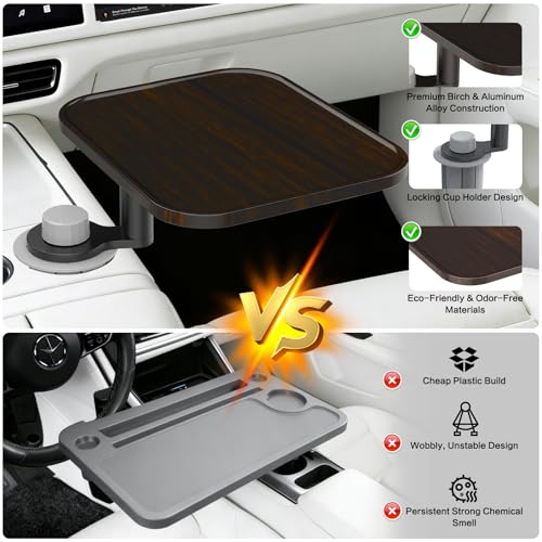 360° Rotation Car Desk for Laptop, Height-Adjustable Cup Holder Table, Wooden Car Food Tray & Laptop Mount Compatible with Tesla Model Y/3/S, Ford F150/Explorer/Maverick & Most Vehicles (Dark Walnut) - color: Dark Walnut