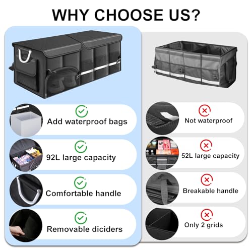 Car Trunk Organizer, 1680D Waterproof Oxford, Collapsible Waterproof Car Organizer Storage with Foldable Cover, Reflective Strip, 4 Mesh Pockets for SUV, Truck, Sedan, Camping, Road Trip (92L)