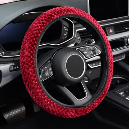 KAFEEK Elastic Short Microfiber Plush Steering Wheel Cover for Winter Warm, Universal 15 inch, Anti-Slip, Odorless, Wine Red - color: Wine Red