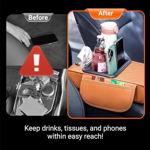2026 Multifunctional PU Leather Car Armrest Box Mat,5-in-1 Center Console Cover with Cup Holder with 2 Storage Bags,Tissue Box Slot, Phone Slot,Universal Car Armrest Storage Bag (Beige) - color: Beige