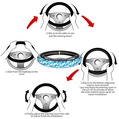Swono Swimming Dolphin Steering Wheel Cover Cartoon Swimming Dolphin On Sea Wave Blue Background Universal 15 Inch Auto Car Steering Wheel Covers SUV Anti Slip Wheel Wrap Protector for Men Women - color: multi-060