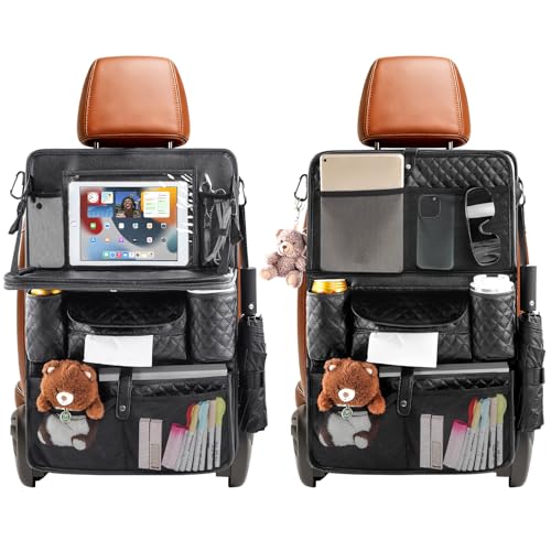 Car Backseat Organizers 2-Pack with Foldable Tray - PU Leather Back Seat Car Organizers with 11 Storage Pockets, Tablet Holders, Kick Mats Protectors for Kids Family Travel Essentials (Black) - size: 2 Pack