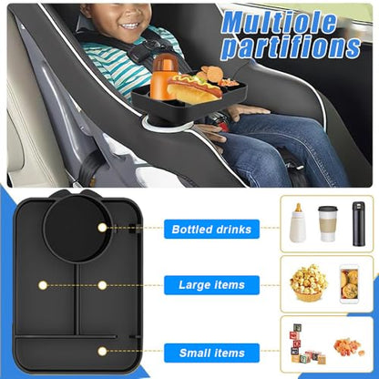 Travel Tray for Kids Car Seat - Silicone Car Seat Cup Tray, Travel Tray for Car Seat with Expandable Base for Fruit, Toys, Books Fits Most Cup Holders