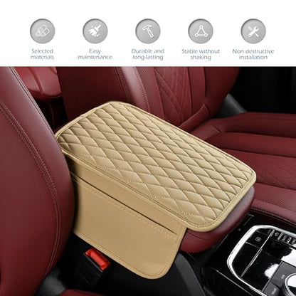 Car Center Console Cover, Leather Auto Arm Rest Cover with Side Storage Bags, Wear-Resistant Storage-Enabled Console Pad, Universal for Most Cars, Trucks and Vans (Beige) - color: Beige