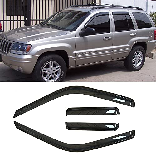 94650 Side Window Visors Wind Vent Deflector fit for 1999-2004 Jeep Grand Cherokee, 4pcs Out-Channel Dark Smoke Nice Looking Tape-on Sun Rain Guards - size: 1999-2004 Grand Cherokee Outside Mount