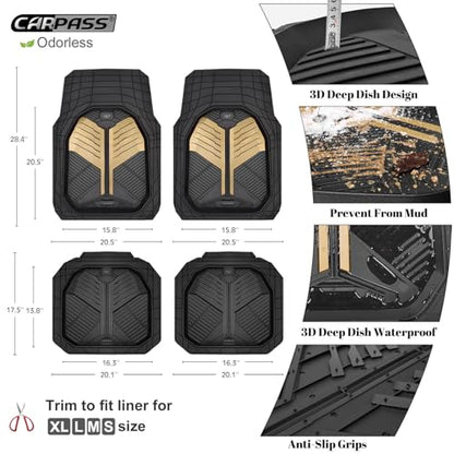 CAR PASS Heavy Duty Rubber Car Mats, Deep Dish Car Floor Mats All Weather, Car Mats Full Set 4-Piece Trim to Fit for Sedans SUVs Trucks, Waterproof Anti-Slip Automotive Mats, V12 Black Champagne Gold - color: Black and Champagne Gold