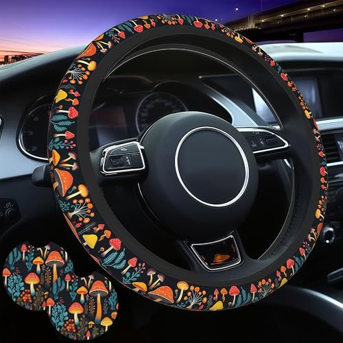 Mushroom Woodland Steering Wheel Cover Mushroom Fern Cute Steering Wheel Cover Woodland Anti-Slip Breathable Universal for 14-15 Inch Car with 2 Pieces Car Coasters for Women Men - color: Mushroom2