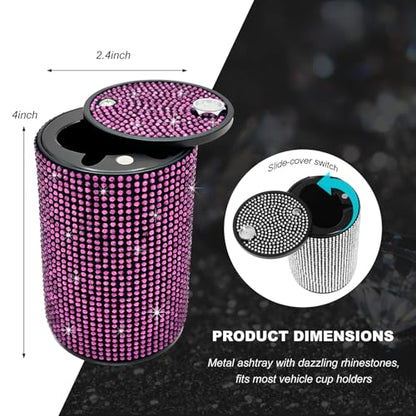 Bling Car Ashtray with Lid, Rhinestones Fireproof Auto Cup Holder Cigarette Ash Tray, Smokeless Crystal Diamond Ashtray Mini Trash Can for Women Girls, Car Accessories (Pink) - color: Pink