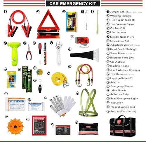Car Emergency Kit (126 Piece)，Gift for Father Women Friend, Premium Roadside Assistance Essentials with Jumper Cables Tow Rope- Ideal Auto Road Safety Kit for Truck, RV