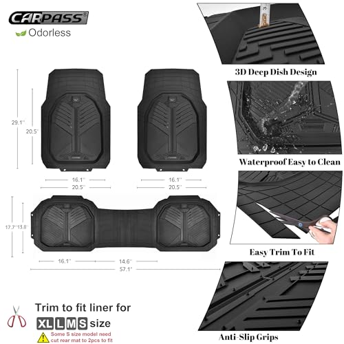 CAR PASS Heavy Duty Rubber Car Mats, Deep-Dish Odorless Car Floor Mats All Weather, Universal Trim-to-Fit for SUVs Trucks Sedans, Waterproof Anti-Slip, 3 Pieces V12 Black - color: All Black