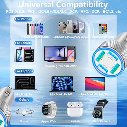 USB Car Charger, Stuffcool 60W Dual USB-A + QC3.0 Power Cigarette Lighter Adapter 4-Port Car Charger Carplay Fast Charging for iPhone 17 17 Pro Max 16 15 14 13 12/Galaxy S26 S25 S24 S23/Pixel 9 8/iPad - color: Matte Silver
