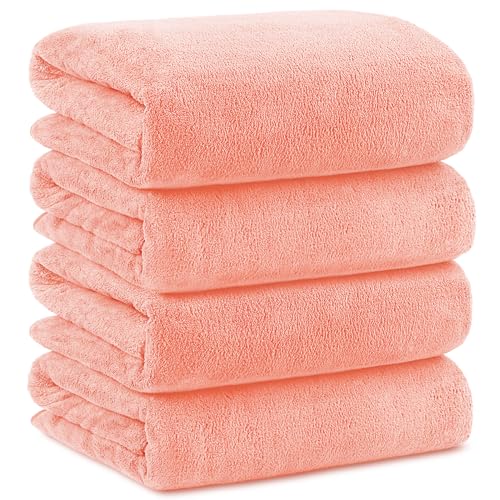 Orighty Microfiber Bath Towels Pack of 4(27'' x 54'') - Soft Feel, Highly Absorbent, Quick Drying for Body, Sport, Yoga, SPA, Fitness - Pink - color: Pink, size: 4 Pack Bath Towels
