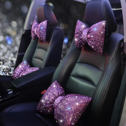 Car Pillow Headrest Auto Seat Headrest Cushion with Bow Tie Sparkly Bling Bling Rhinestone Accessories for Women Girls and Ladies Travel Comfort Head and Neck Rest Pink 2Pcs - color: Pink