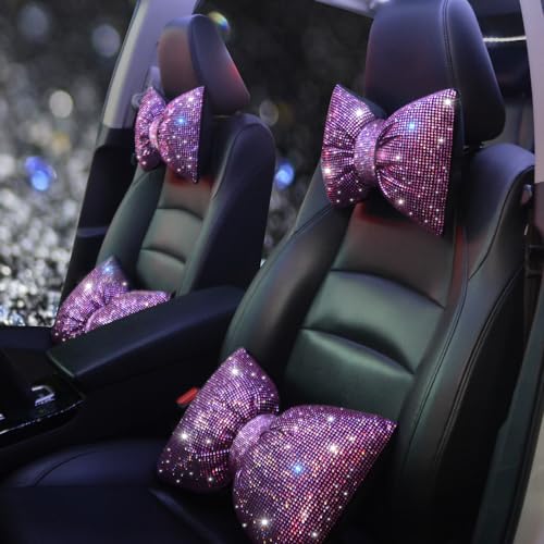Car Pillow Headrest Auto Seat Headrest Cushion with Bow Tie Sparkly Bling Bling Rhinestone Accessories for Women Girls and Ladies Travel Comfort Head and Neck Rest Pink 2Pcs - color: Pink
