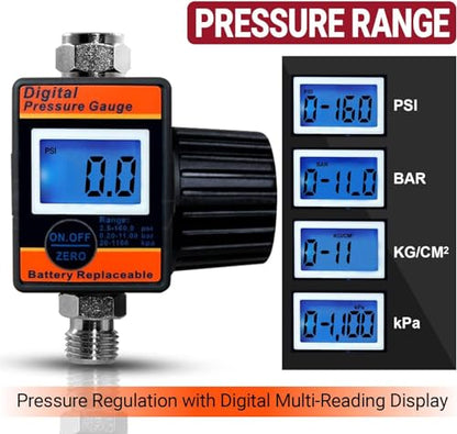 LE LEMATEC Digital Air Pressure Regulator, 1/4-Inch NPT Diaphragm Airflow Valve Up to 160 PSI Digital Gauge for HVLP Spray Paint Gun, Sand Blaster & Other Pneumatic Tools (DAR02B) - style: Diaphragm Valve Version