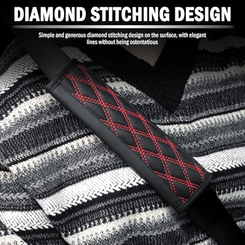 2PCS Diamond-Shaped Stitching Car Seatbelt Covers,Stylish Car Seatbelt Cushion Relieves Shoulder and Neck Fatigue as Cars Decorations,Leather Cars Seat Belt Cover Pad (Red) - color: Red