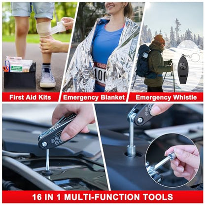 Car Roadside Emergency Kit - Car Emergency Kit with Jumper Cables, Tow Rope, Folding Shovel, Safety Hammer, Reflective Warning Triangle, Car Safety Kits for Men, Women, Teenagers