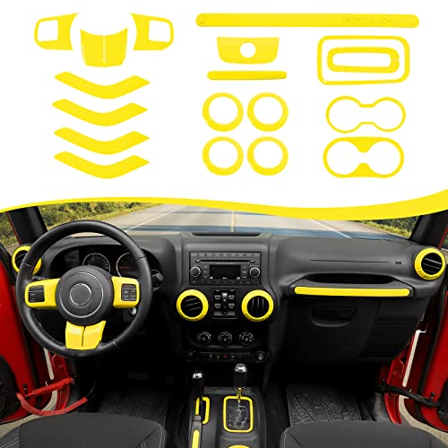 CheroCar 18PCS Interior Trim Kit for Jeep Wrangler JK JKU 2011-2018 4 Door,Steering Button Frame, Air Conditioning Vent Trim Cup Holder Cover,Gear Shift Knobs Frame,Yellow… - color: Yellow