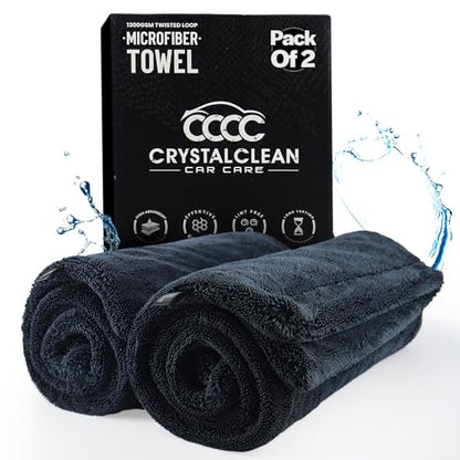 Crystal Clean 2-Pack 1300GSM Microfiber Towels for Cars – XL (24 x 36 inch) Car Drying Towel with Double Twisted Loop, Detailing Towels for Cars - Quick Dry, Paint Safe & Swirl-Free - color: 2 Pack Grey