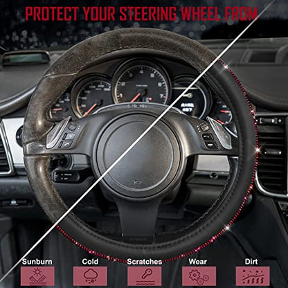 CAR PASS Red Diamond Black Leather Steering Wheel Cover, with Bling Crystal Rhinestones Universal Fit 14" 1/2-15" Crystal Glitter for Women Sparkle Girl Fit Suvs,Vans,Sedans,Cars,Trucks, Red Diamond - color: Red Diamond
