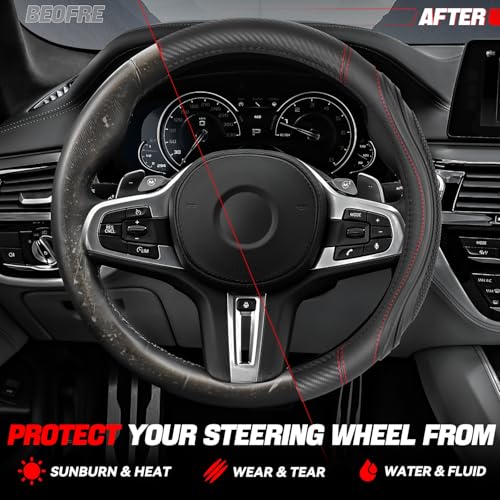 Auto Dynasty Steering Wheel Cover, Breathable Microfiber Leather Car Steering Wheel Protector with with Stylish Red Carbon Fiber Pattern, Anti-Slip, [14 1/2 to 15 Inches] Universal Fit Cars Trucks SUV - color: Carbon Fiber Red B