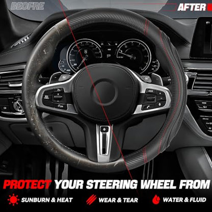Auto Dynasty Steering Wheel Cover, Breathable Microfiber Leather Car Steering Wheel Protector with with Stylish Red Carbon Fiber Pattern, Anti-Slip, [14 1/2 to 15 Inches] Universal Fit Cars Trucks SUV - color: Carbon Fiber Red B