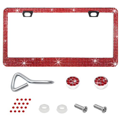 Bling License Plate Frame, Sparkly Rhinestone Car Tag Cover with Glitter Crystal Caps, Stainless Obstruction-Free Licence Plate Holder for Women Girls, Universal Car Accessories (Red) - color: Red