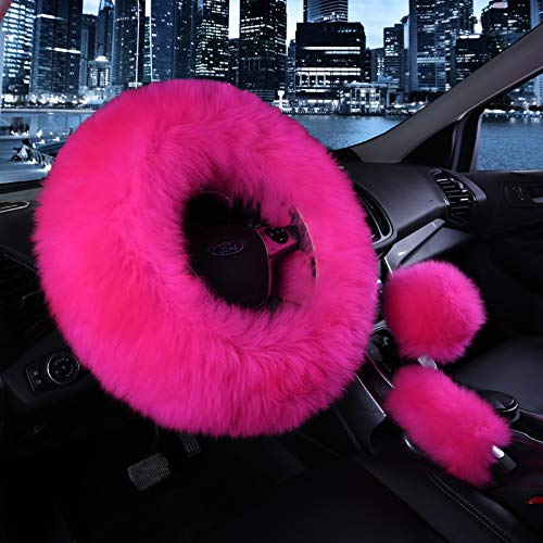 1 Set 3 Pcs Car Steering Wheel Cover & Handbrake Cover & Gear Shift Cover Set Faux Wool Warm Winter - color: Rose Red-3pcs