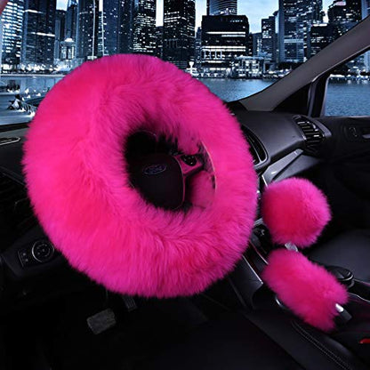 1 Set 3 Pcs Car Steering Wheel Cover & Handbrake Cover & Gear Shift Cover Set Faux Wool Warm Winter - color: Rose Red-3pcs