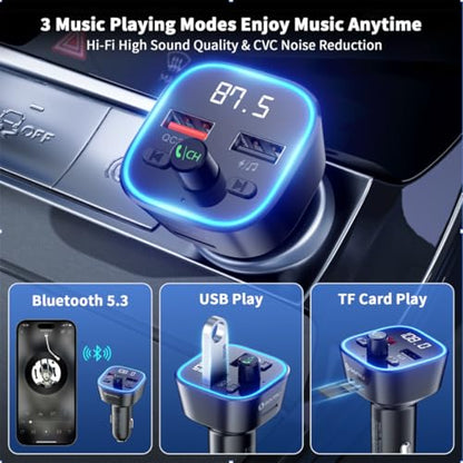 SONRU Bluetooth 5.3 FM Transmitter, Wireless Radio Adapter, Audio Receiver Car Charger, Wireless FM Radio Transmitter, Hands-Free Calling and 2 USB Ports Charger, HiFi Treble & Bass Player (Black)
