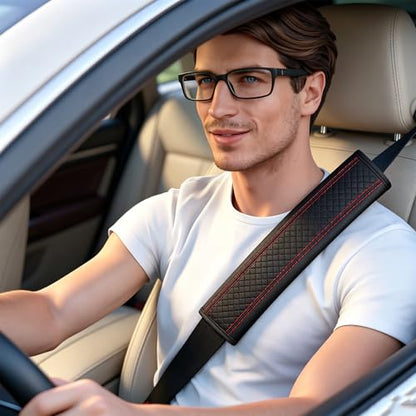 Seat Belt Pads Leather Seat Belt Covers More Comfort Driving Cushion Helps Protect Your Neck and Shoulders Suit for Car, Truck, SUV, Airplane,Camera Backpack Straps-2Pcs - color: Red