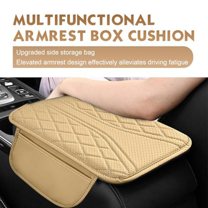 Car Center Console Cover, Leather Automotive Armrest Cushion with 2 Storage Bags, Breathable Armrest Cover, Universal Waterproof Arm Rest Protection Pad for SUV, Sedan, Truck (Beige) - color: Beige