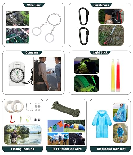 Survival Kit, 262Pcs Survival Gear and Supplies with First Aid Kit Pouch and Crossbody Bag, Emergency Kit with Tent, Camping Axe Hammer, Survival Shovel w/Pick, Bug Out Bag Gifts for Men Women - color: Brown