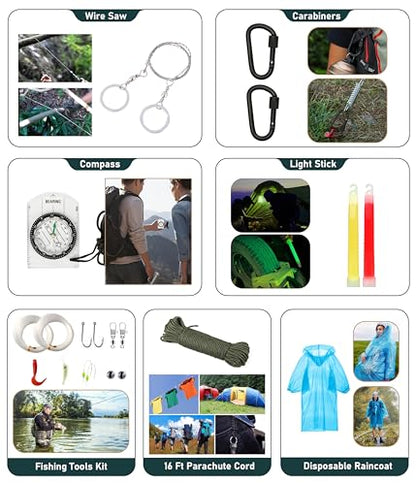 Survival Kit, 262Pcs Survival Gear and Supplies with First Aid Kit Pouch and Crossbody Bag, Emergency Kit with Tent, Camping Axe Hammer, Survival Shovel w/Pick, Bug Out Bag Gifts for Men Women - color: Brown