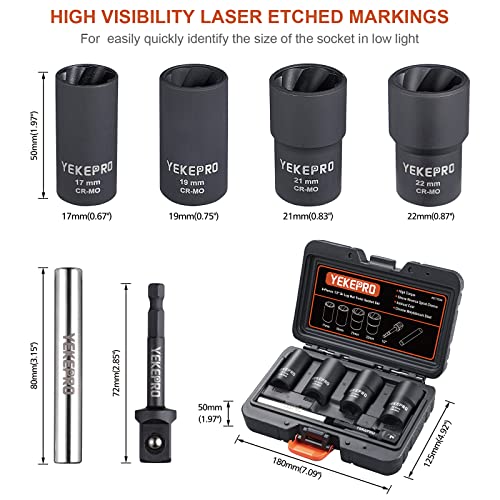 6 PCS Lug Nut Removal Tool, 1/2-inch Drive Impact Twist Socket Set & Bolt Extractor Set, 17,19,21,22MM Wheel Lock Removal Kit for Removing Damaged, Frozen, Rusted, Nuts & Screws, Cr-Mo Steel - size: 6-Piece Twist Socket Set
