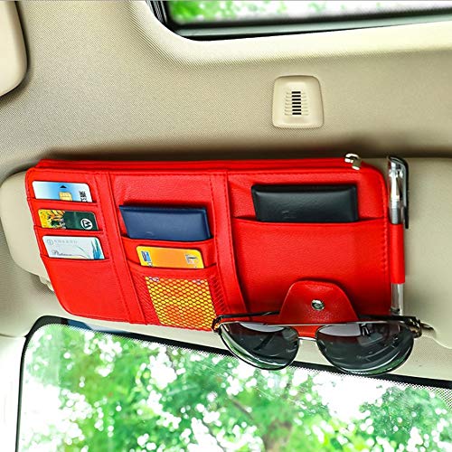 Car Sun Visor Organizer, Auto Interior Accessories Pocket Organizers, Personal Belonging Storage Pouch Organizer, Pouch Holder with Multi-Pocket Net Zippers (Red) - color: Red