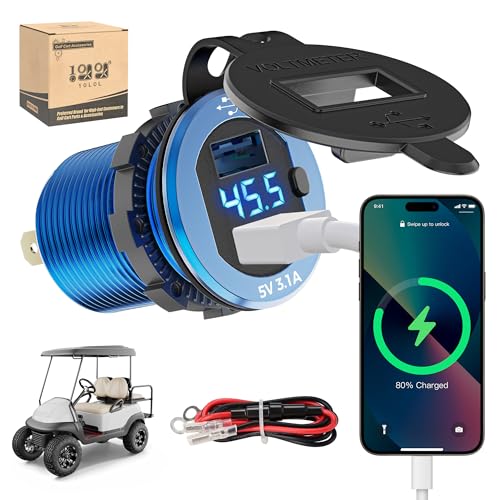 10L0L 9V-55V Input Golf Cart Quick Charge 3.0 Dual USB Charging Socket,2 in 1 USB Ports & Digital Voltmeter Universal for Club Car,EZGO and Yamaha,Metal Shell Safe Charge Outlet - color: Blue