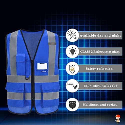 A-SAFETY Blue High Visibility Vest Reflective Safety Vest,Hi Vis Bright Neon Color with 4 Reflective Strips 7 Pockets,XXXL - color: Blue, size: 3X-Large