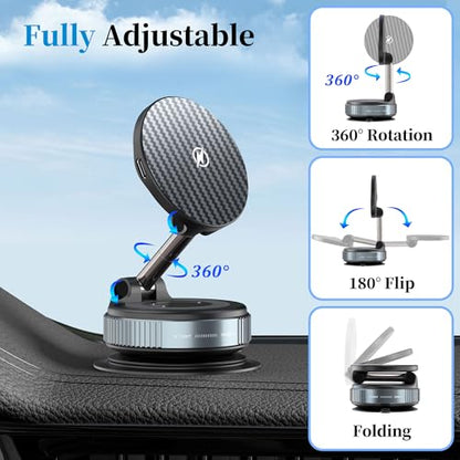 PlusAcc Vacuum Magnetic Phone Holder for Car, Suction Cup Phone Mount for MagSafe, 360°Rotatable Strong Magnet Stand for iPhone 16/15/14/13 in Smooth Surface (Charging)