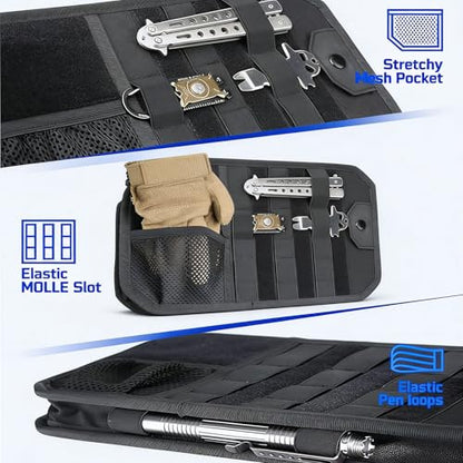 Molle Car Sun Visor Organizer,Car Accessories with Zipper Visor Storage Pouch&Glasses Clip&Adjustable Straps, Semi-Rigid Molle Panel for Tactical Gears, Fits Most Vehicles, SUVs (Grey)