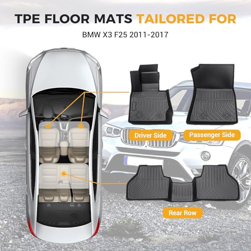 All Weather Floor Mats Compatible with 2011-2017 BMW X3 F25, 3D TPE Rubber Full Cover Protection Car Mats Full Set Liners Black - color: for 2011-2017 BMW X3