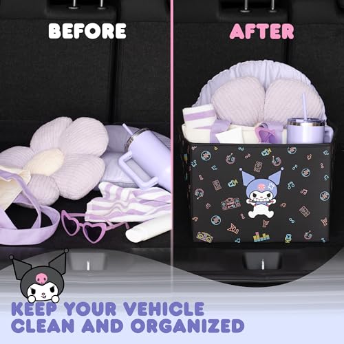 Sanrio Kuromi Car Trunk Organizer & Steering Wheel Cover Set – Cute, Non-Slip, Soft Grip Car Accessories for Women – Collapsible Storage Bin for Groceries, Tools & Travel – 12.5"L x 12.5"W x 9"H - style: Set Kuromi