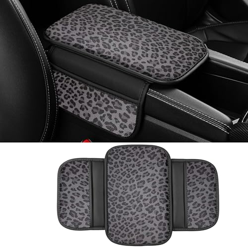 Dotesy Gray Cheetah Print Car Center Console Cover,Microfiber Leather Car Armrest Pad Cushion with 2 Storage Bags,Universal Car Armrest Storage Box Car Interior Accessories for Most Vehicles - color: Gray Black
